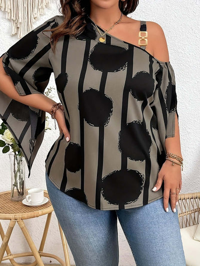 Women's Plus Size Printed Fashion Off-the-Shoulder Charming Chain Three-quarter Sleeve Blouse - Casual Top eprolo