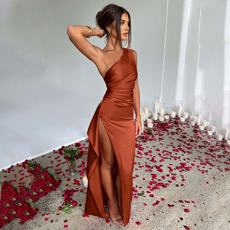 Sexy One-shoulder Backless Slit Dress Summer Elegant Slim-fit Solid Color Satin Dresses For Women Astrazona