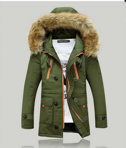 Hooded thick padded winter jacket in green with faux fur collar and zipper details