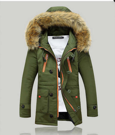 Hooded thick padded winter jacket in green with faux fur collar and zipper details