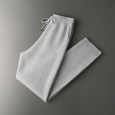 Light gray cashmere trousers with drawstring, ideal for casual and leisure wear.