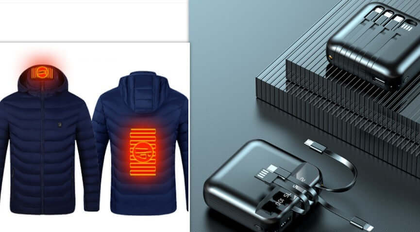 Men's heated jacket featuring LED heat zones and portable power bank for adjustable warmth, ideal for winter outdoor activities.