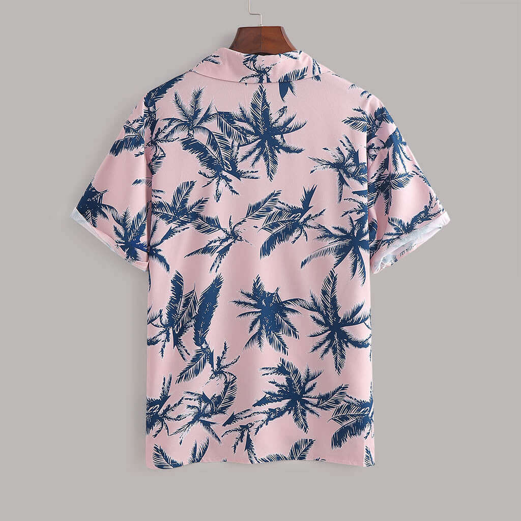 Back view of a pink tropical shirt with navy palm tree print, perfect for casual summer outings.