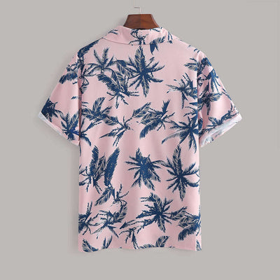 Back view of a pink tropical shirt with navy palm tree print, perfect for casual summer outings.