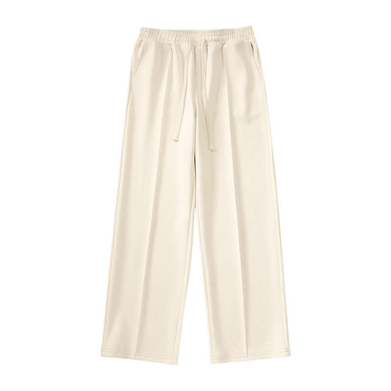 Wide-leg straight pants in light beige, crafted from polyester fiber with an elastic waistband and a loose fit.