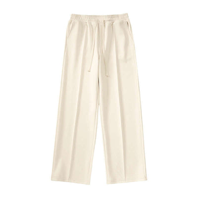 Wide-leg straight pants in light beige, crafted from polyester fiber with an elastic waistband and a loose fit.