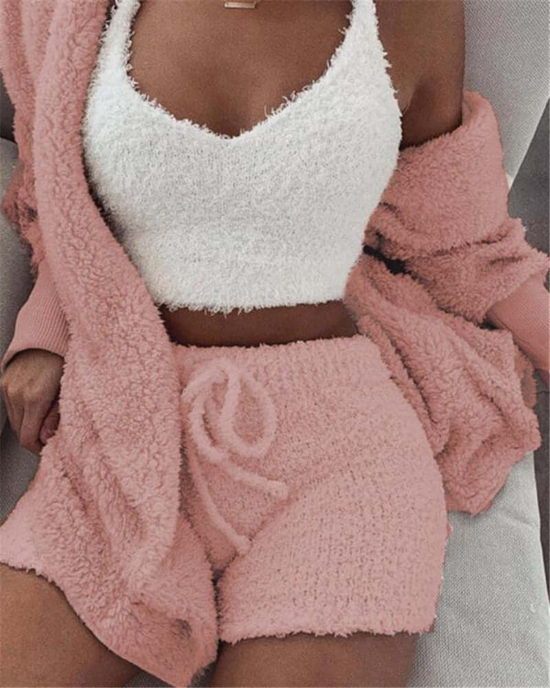 3pcs Womens Clothing Long Sleeve Crop Tank Top And Drawstring Shorts Pajama Set eprolo