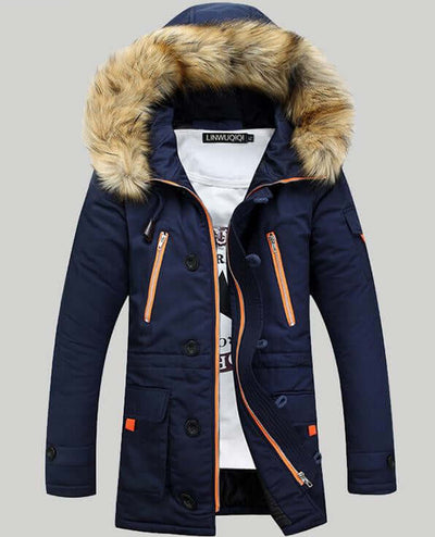 Navy padded winter jacket with fur hood and zipper, designed for warmth and style.