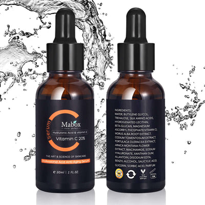 MABOX Vitamin C 20% Serum with Hyaluronic Acid, 30ml anti-aging skincare solution.