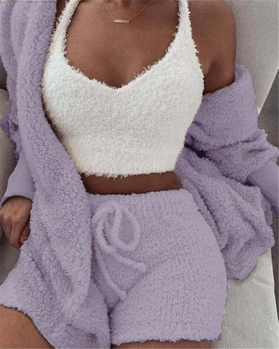 3pcs Womens Clothing Long Sleeve Crop Tank Top And Drawstring Shorts Pajama Set eprolo