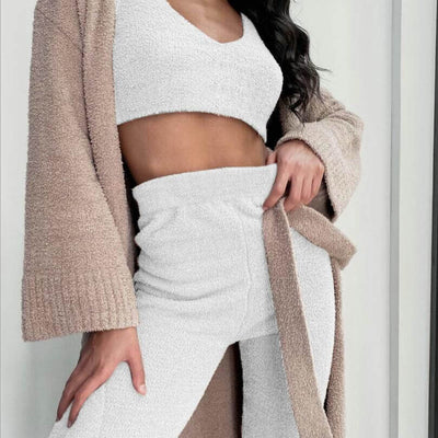 3pcs Womens Clothing Long Sleeve Crop Tank Top And Drawstring Shorts Pajama Set eprolo