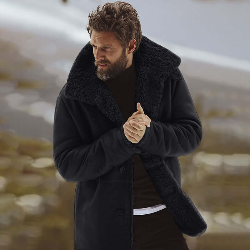 Warm black mid-length men's coat with faux fur collar, perfect for stylish winter wear.