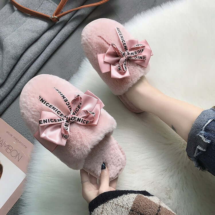 Bowknot Plush Indoor And Outdoor Cotton Slippers eprolo