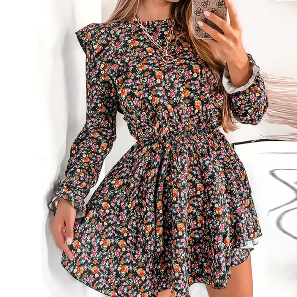 Short Skirt Black Bottom Floral Lace Waist Slimming Dress eprolo