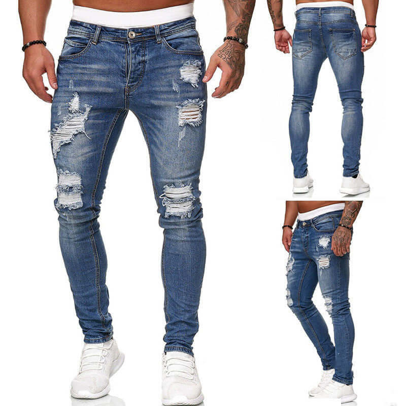 Fashion Street Style Ripped Skinny Jeans Men Vintage Wash Solid Denim Trouser Mens Casual Slim Fit Pencil Denim Pants Astrazona