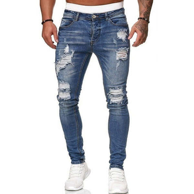 Fashion Street Style Ripped Skinny Jeans Men Vintage Wash Solid Denim Trouser Mens Casual Slim Fit Pencil Denim Pants Astrazona