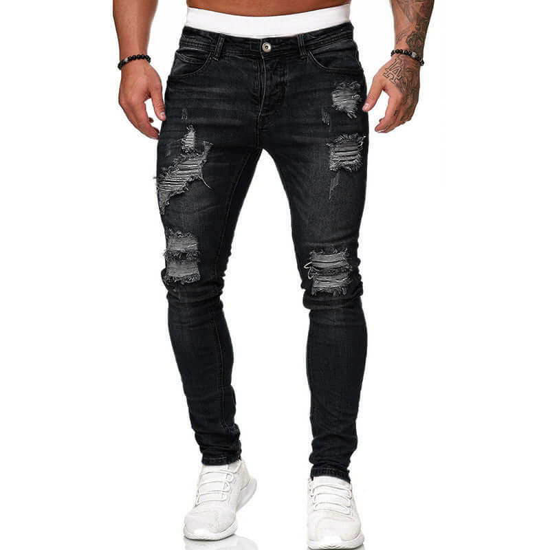 Fashion Street Style Ripped Skinny Jeans Men Vintage Wash Solid Denim Trouser Mens Casual Slim Fit Pencil Denim Pants Astrazona