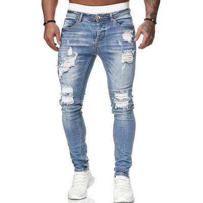 Fashion Street Style Ripped Skinny Jeans Men Vintage Wash Solid Denim Trouser Mens Casual Slim Fit Pencil Denim Pants Astrazona