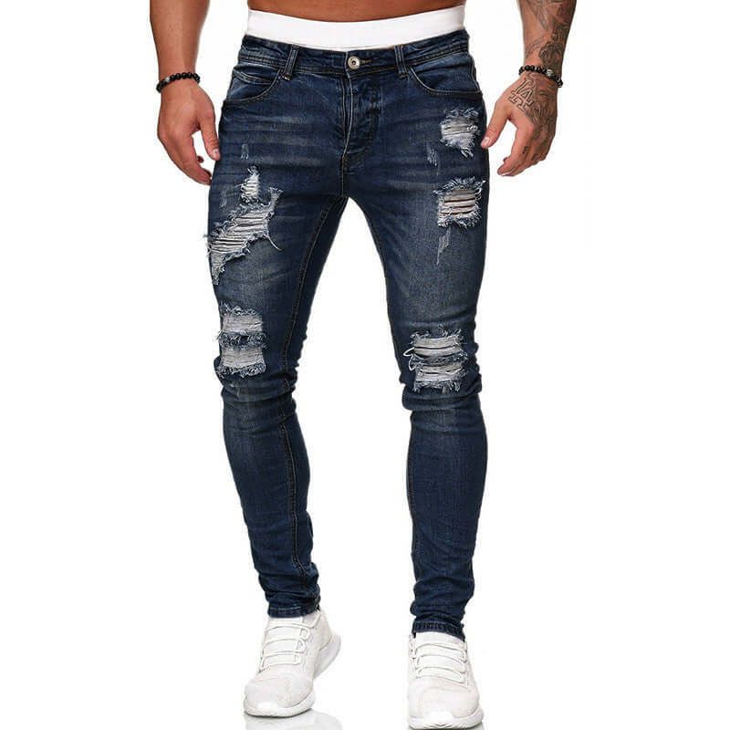 Fashion Street Style Ripped Skinny Jeans Men Vintage Wash Solid Denim Trouser Mens Casual Slim Fit Pencil Denim Pants Astrazona