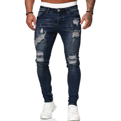 Fashion Street Style Ripped Skinny Jeans Men Vintage Wash Solid Denim Trouser Mens Casual Slim Fit Pencil Denim Pants Astrazona