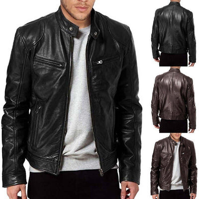 Men's Zip Cardigan PU Leather Jacket With Stand Collar eprolo