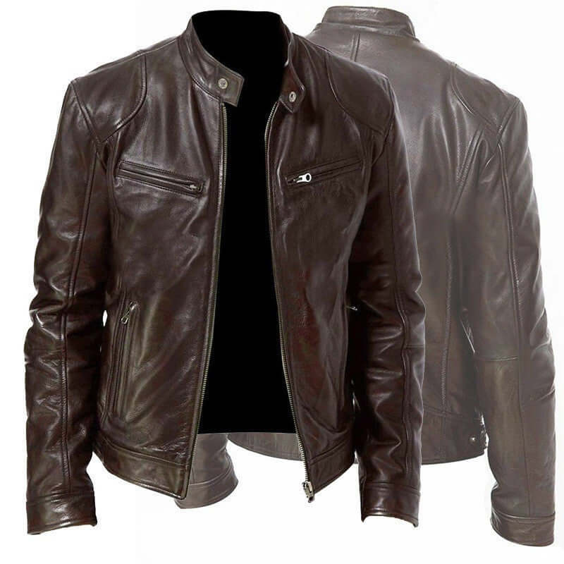 Men's Zip Cardigan PU Leather Jacket With Stand Collar eprolo