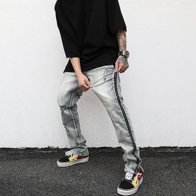 Washed And Worn Side Zipper Slim-Fit Stretch-Leg Jeans eprolo