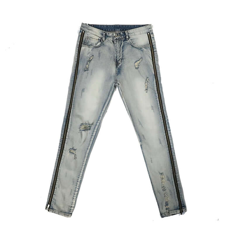 Washed And Worn Side Zipper Slim-Fit Stretch-Leg Jeans eprolo