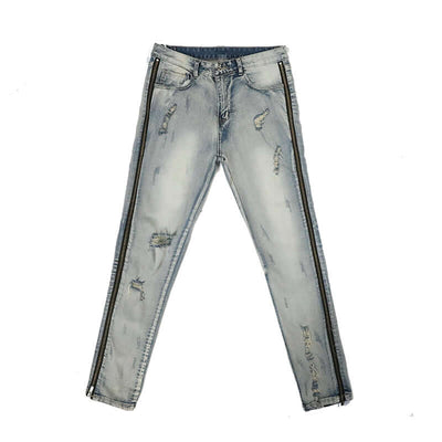 Washed And Worn Side Zipper Slim-Fit Stretch-Leg Jeans eprolo