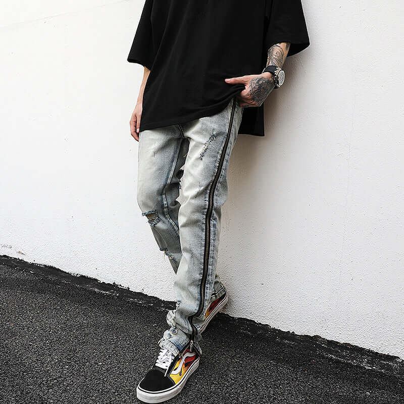 Washed And Worn Side Zipper Slim-Fit Stretch-Leg Jeans eprolo