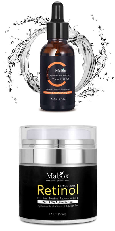 MABOX Skincare set featuring Vitamin C oil and Retinol cream for firming and rejuvenating various skin types.