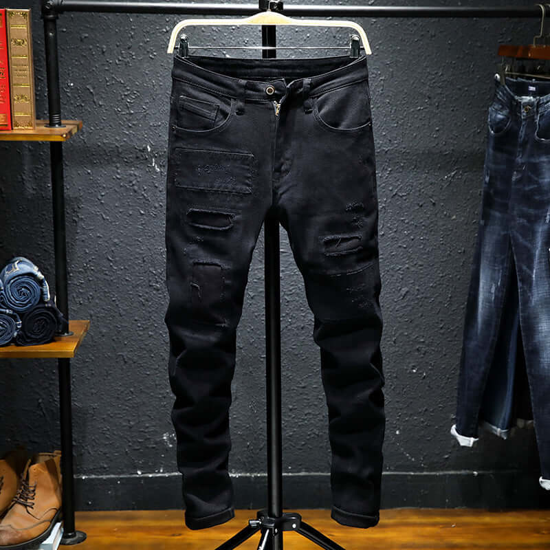 Spring And Summer New Jeans Pure Black Ripped Stretch Jeans Men Black Jeans Men eprolo