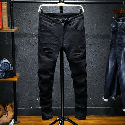 Spring And Summer New Jeans Pure Black Ripped Stretch Jeans Men Black Jeans Men eprolo
