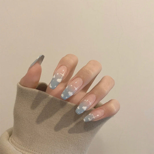 Gray Blue Cotton Cloud Wearing Nail Finished Soft Nail Fake Nail  Patch  Removable eprolo