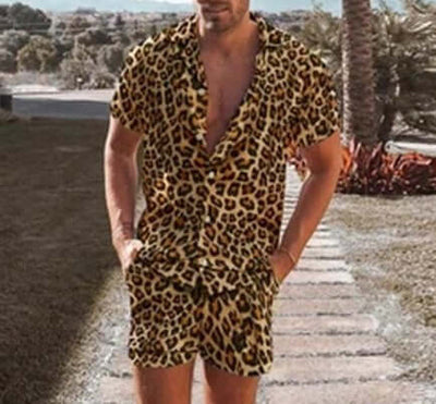 Men's summer wear set featuring leopard print lapel short sleeve shirt and matching shorts.