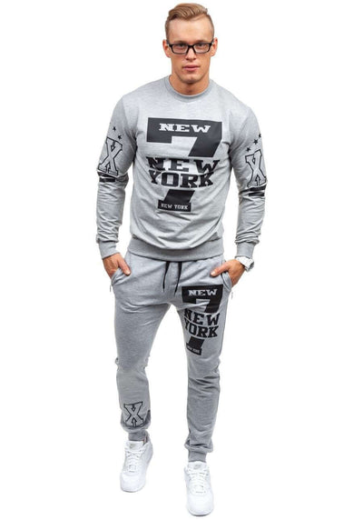 Men's gray sports set featuring long-sleeve sweater and sweatpants with New York print, ideal for autumn and spring.