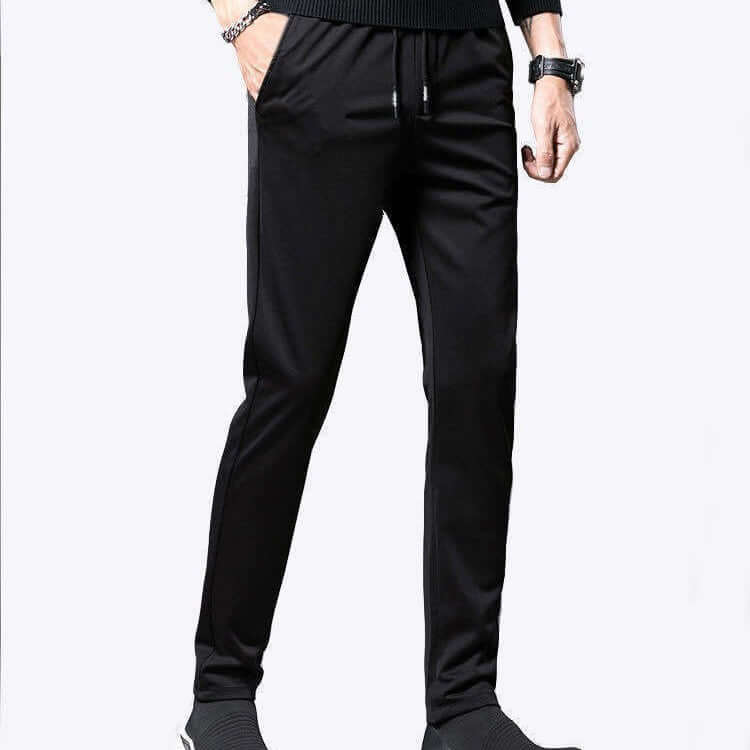 Breathable thin black pants for men, featuring high elasticity and quick-drying fabric. Available in multiple sizes.