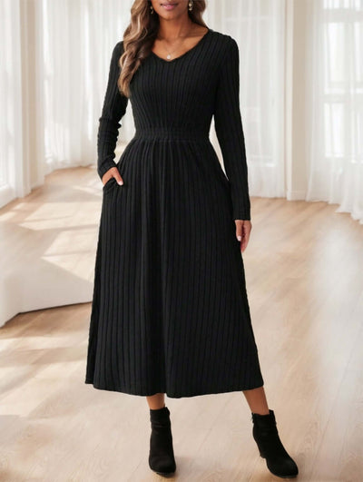 Women's Fall Solid Color Casual Long Sleeve Midi Dress With Belt Decoration eprolo