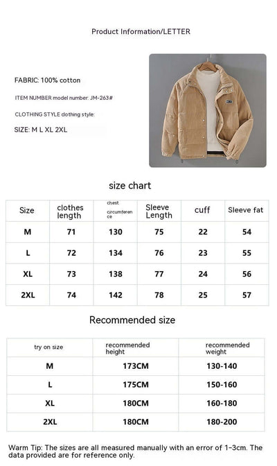 Size chart for a cotton jacket, showing measurements for sizes M, L, XL, including recommended height and weight.