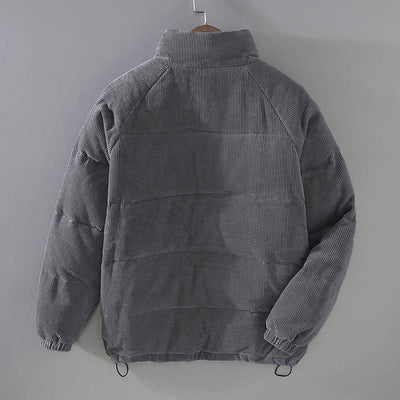Gray puffer jacket coat back view, featuring a high collar and quilted design, perfect for sportswear.