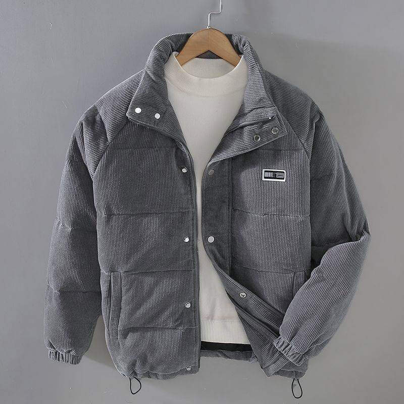 Gray puffer jacket coat with snap buttons and patch pocket, ideal for male outerwear.