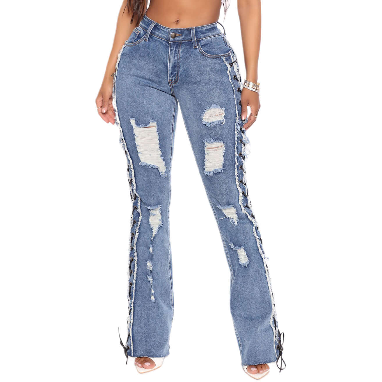 Eyelet Rope High Elasticity Slim Fit Ripped Denim Trousers Dropshipman