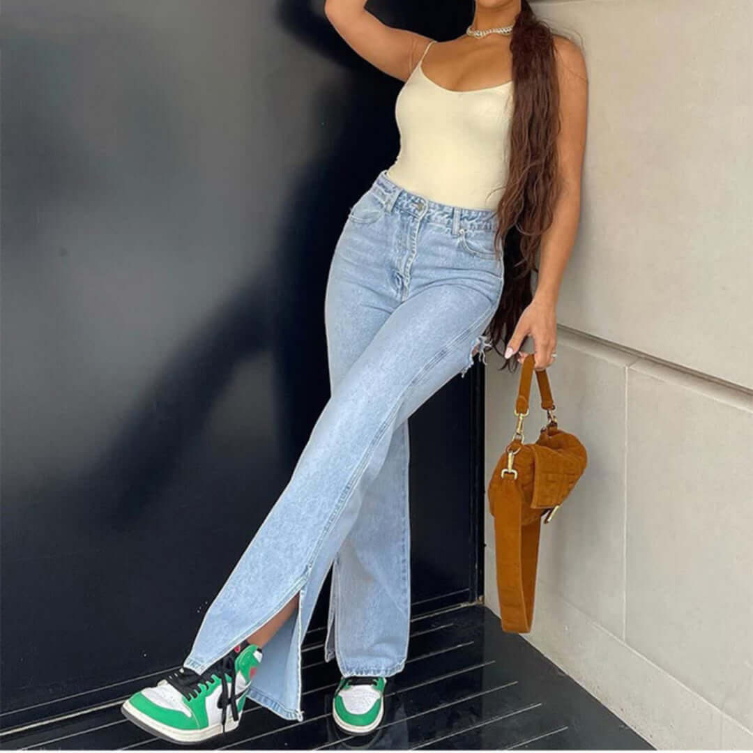 High Waist Stretch Ripped Hem Slit Denim Trousers For Women Dropshipman