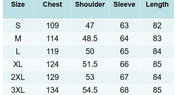 Size chart for men's mid-length woolen trench coat showing measurements for S to 3XL in chest, shoulder, sleeve, and length.
