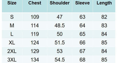 Size chart for men's mid-length woolen trench coat showing measurements for S to 3XL in chest, shoulder, sleeve, and length.