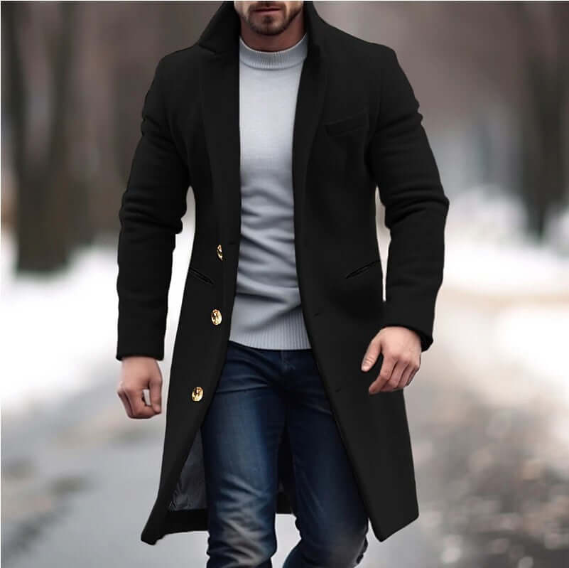 Men's mid-length woolen trench coat in black with golden buttons, perfect for leisure wear in winter.