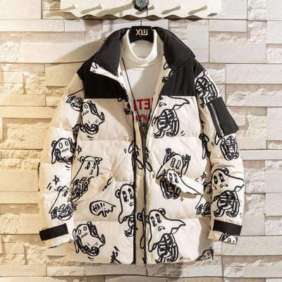 Korean style winter jacket with playful ghost prints, featuring a hood and thicker padding for warmth.