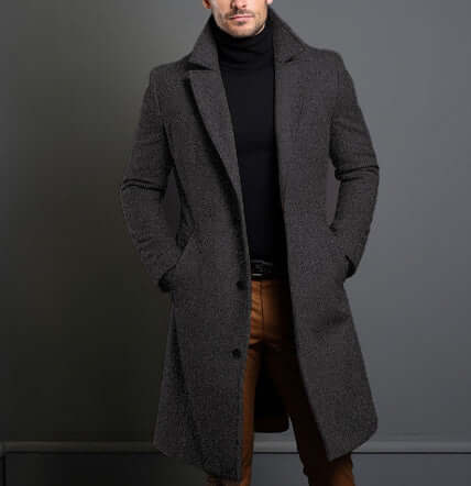 Men's mid-length woolen trench coat in gray, featuring a straight hem and British style, ideal for leisure.