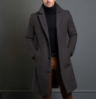 Men's mid-length woolen trench coat in gray, featuring a straight hem and British style, ideal for leisure.