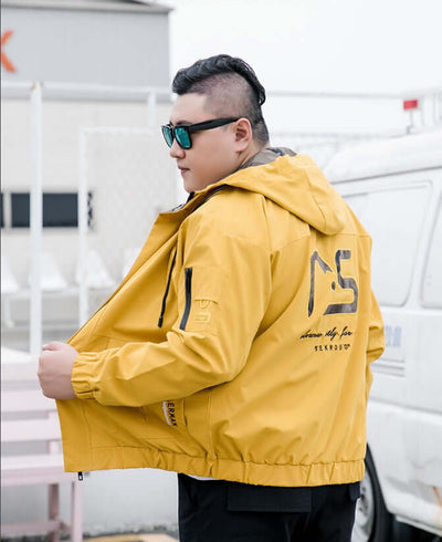 Men's bomber jacket in yellow with hood, featuring a loose fit and stylish embroidery design.